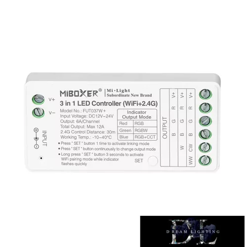 MIBOXER 3w1 WiFi + RF 2,4G RGB/RGBW/RGB-CCT Kontroler taśmy LED DC: 12-24 V Maks.: 12 A